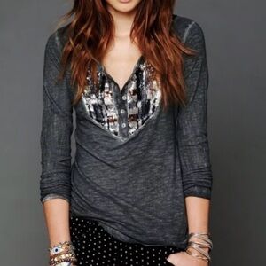 Free People Dark Gray Sequin Long Sleeve Tee